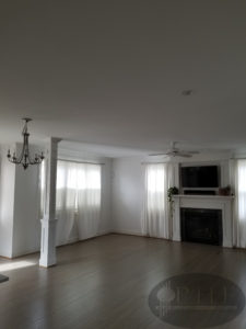 Custom made stain using a mix of country white and ebony stain and four coats water base satin.