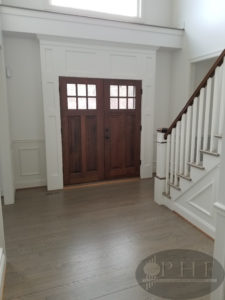 Custom made stain using a mix of country white and ebony stain and four coats water base satin.